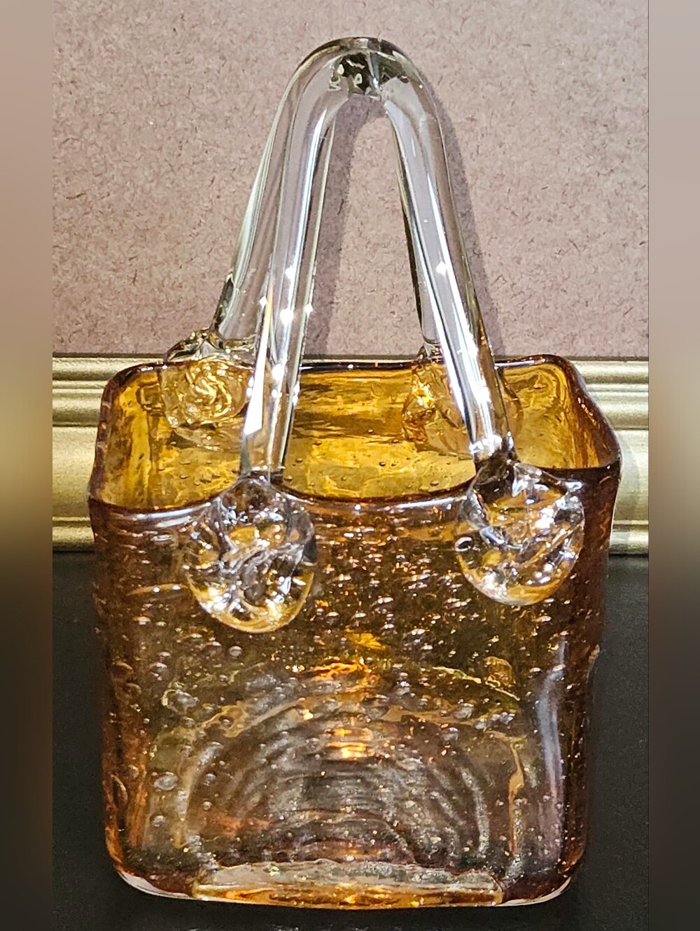 Vintage Murano Style Orange Amber Bubble Art Glass Purse Sq Handled Art Glass